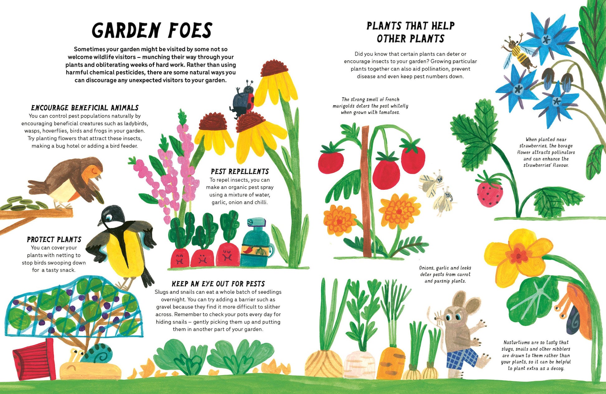 Illustrated book page about gardening with plants, animals, and text.