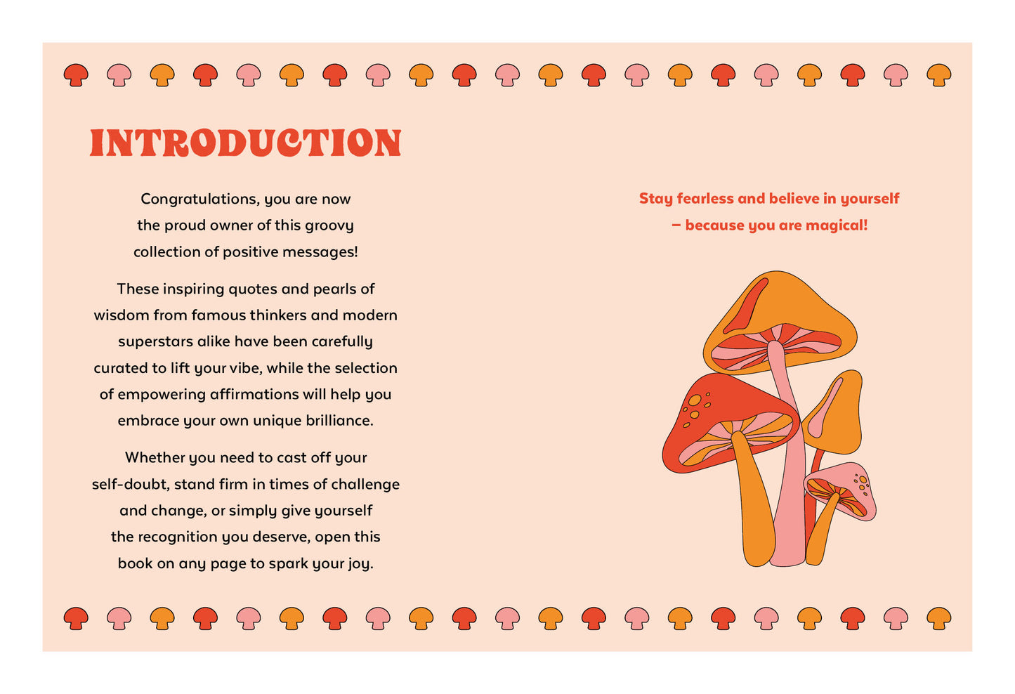 Introduction page with motivational text and colorful mushrooms on a light pink background