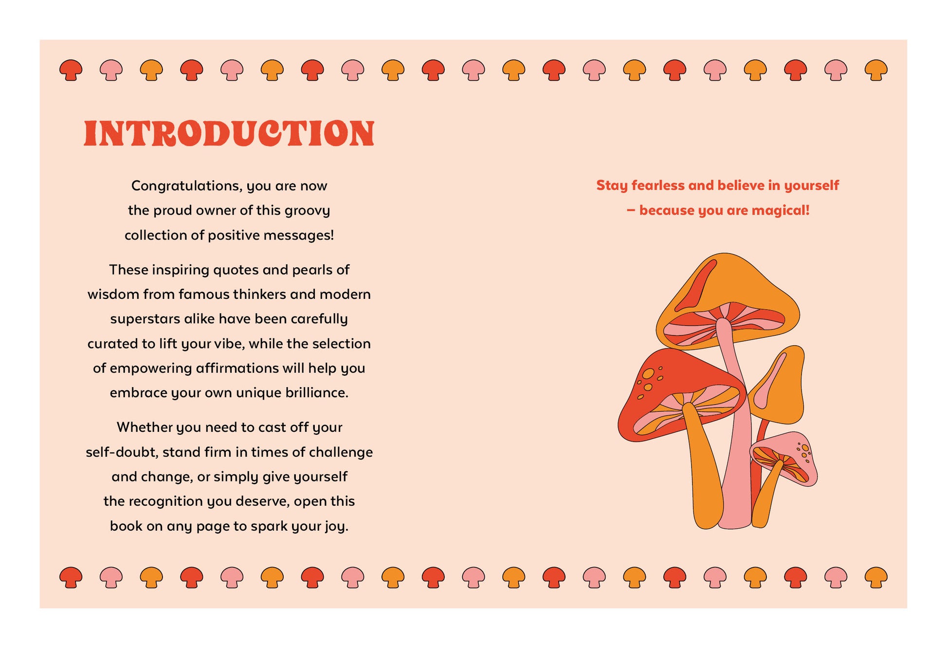 Introduction page with motivational text and colorful mushrooms on a light pink background