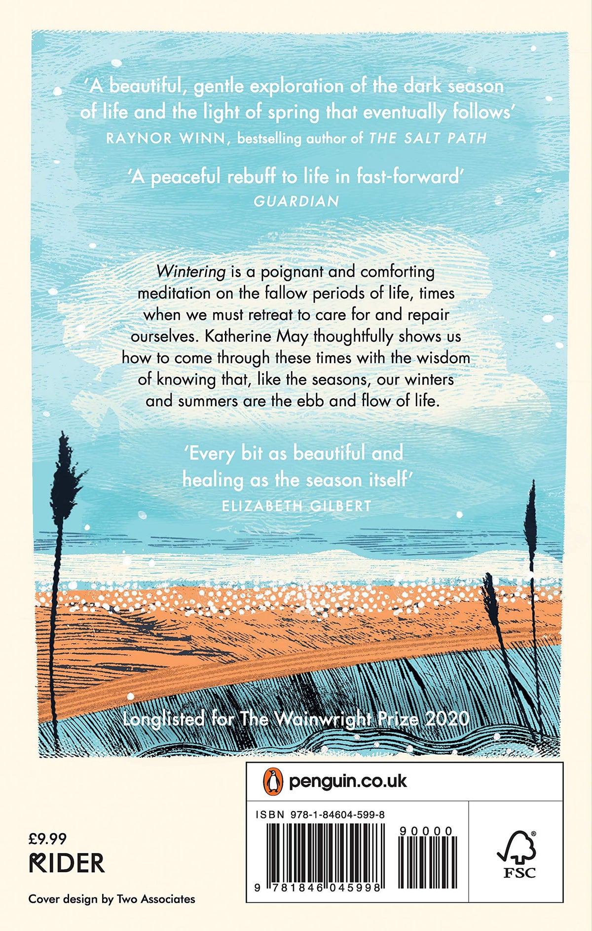 The back cover of the book 'Winter' by Alison Lundy, published by Penguin. The cover features a light blue winter sky with falling snow, a dark blue horizon, and a sandy orange beach with silhouettes of reeds.
