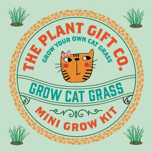 The Plant Gift Co. cat grass mini grow kit packaging with a cartoon cat illustration on a light green background.
