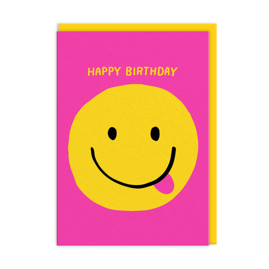 Happy Birthday card with a yellow smiley face on a pink background