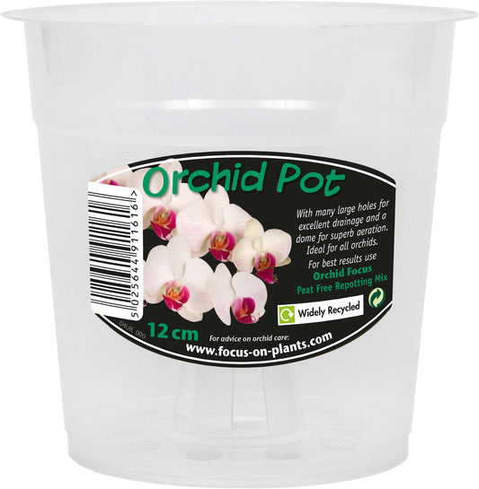 White orchid pot with a label featuring orchid images and text.
