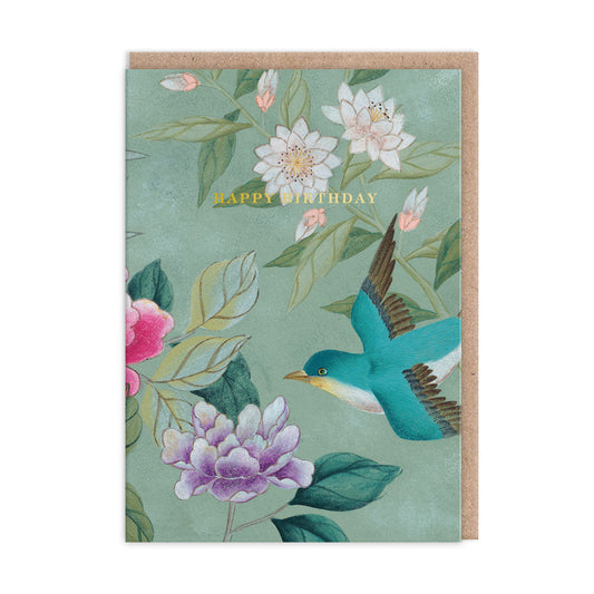 Greeting card with floral design and bird illustration on a light green background
