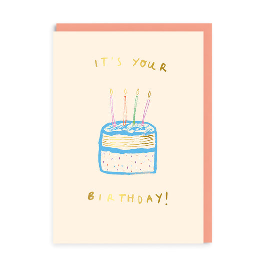 Birthday card with a cake illustration and colorful candles on a white background