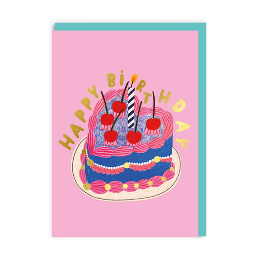 Birthday card with a cake illustration and 'Happy Birthday' text on a pink background