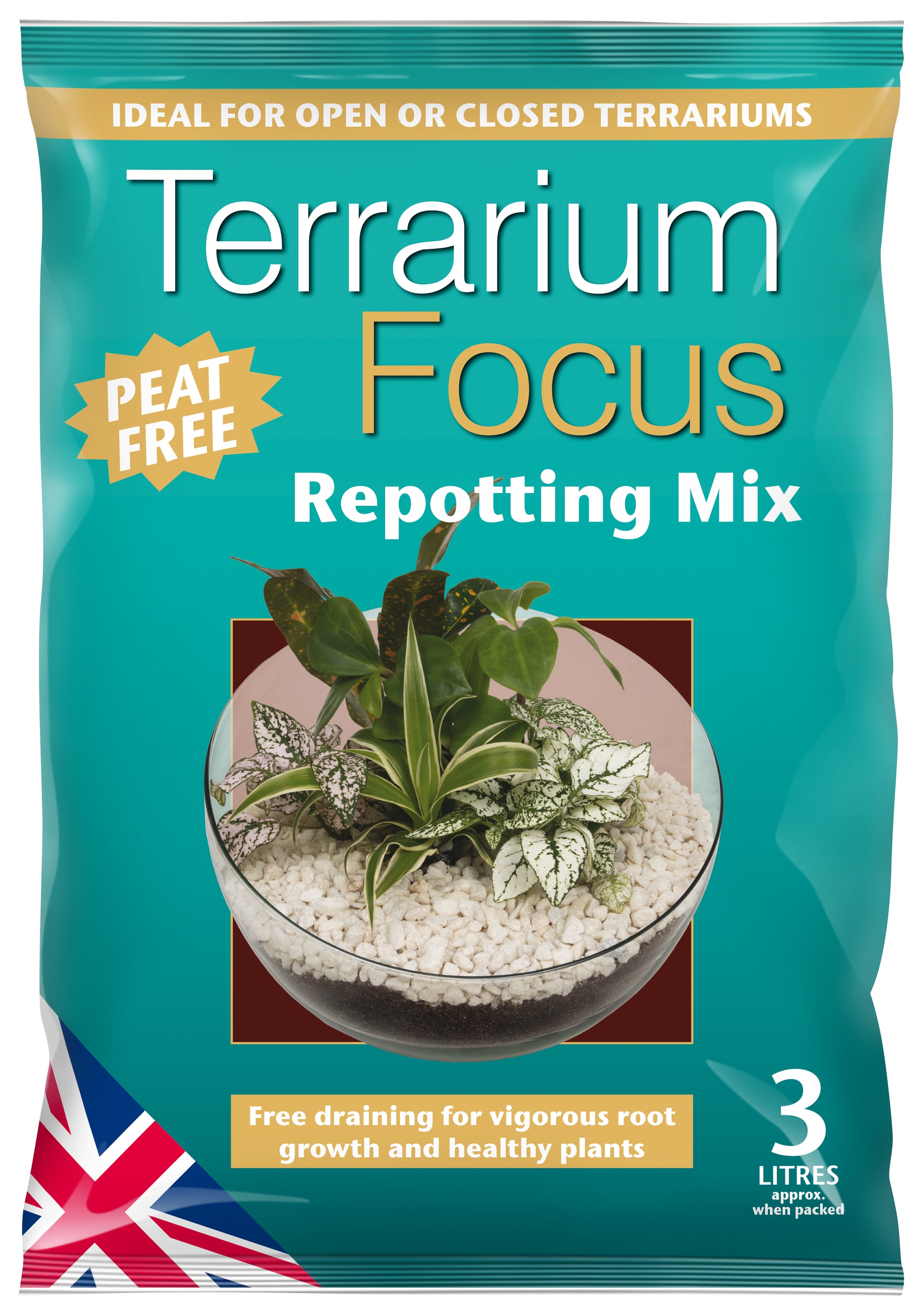 Terrarium Focus Repotting Mix packaging with text and a terrarium image on a teal background.