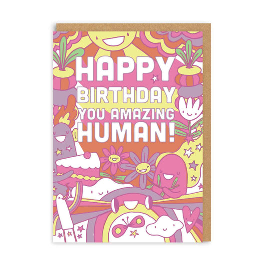 Colorful birthday card with cartoon characters and 'Happy Birthday You Amazing Human!' text.