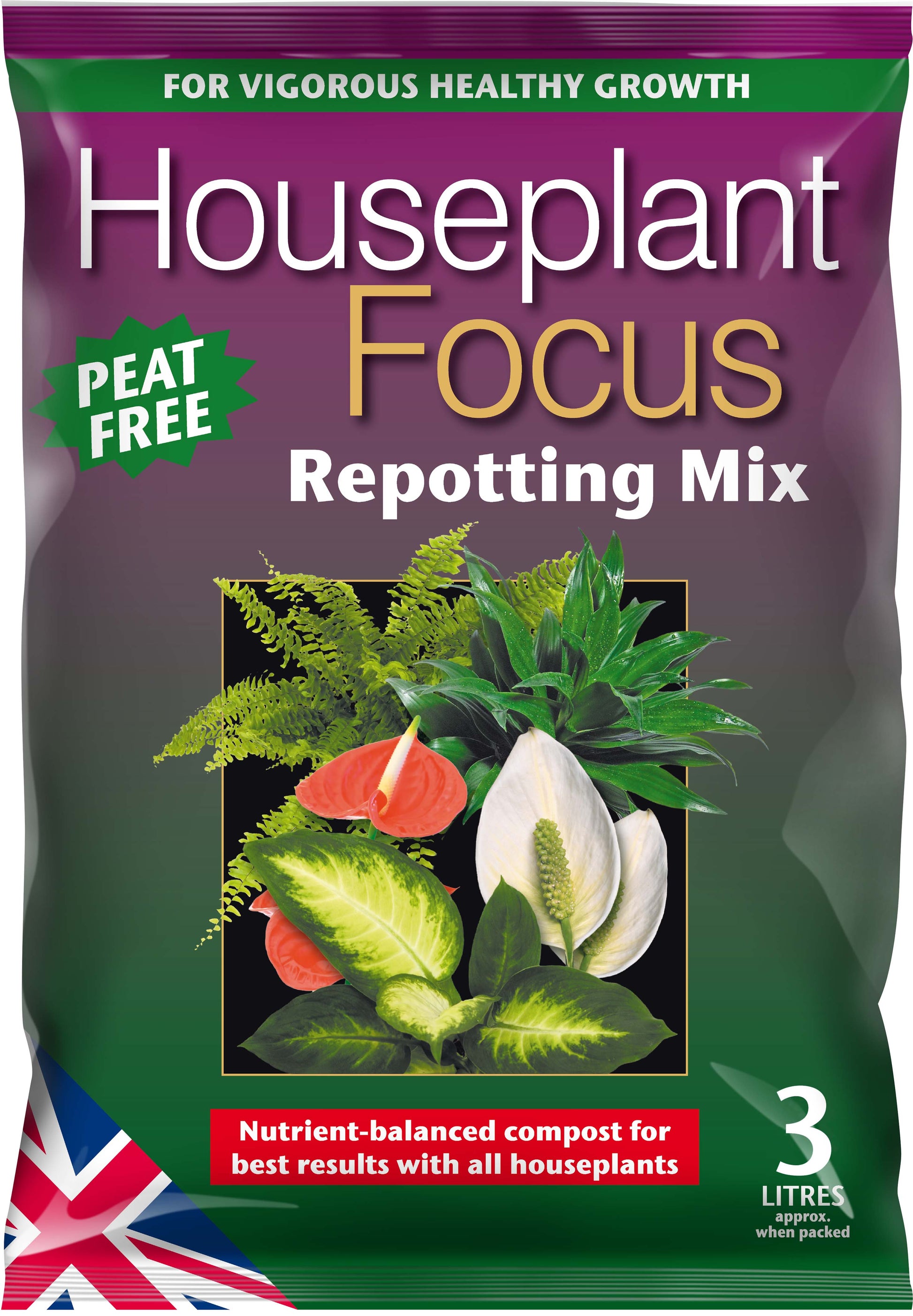 Bag of Houseplant Focus Repotting Mix with plant images and text on a purple background