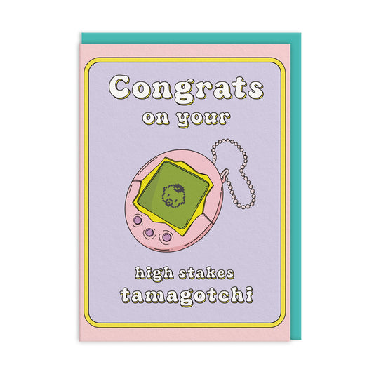 Greeting card with a pink Tamagotchi design and text on a light purple background