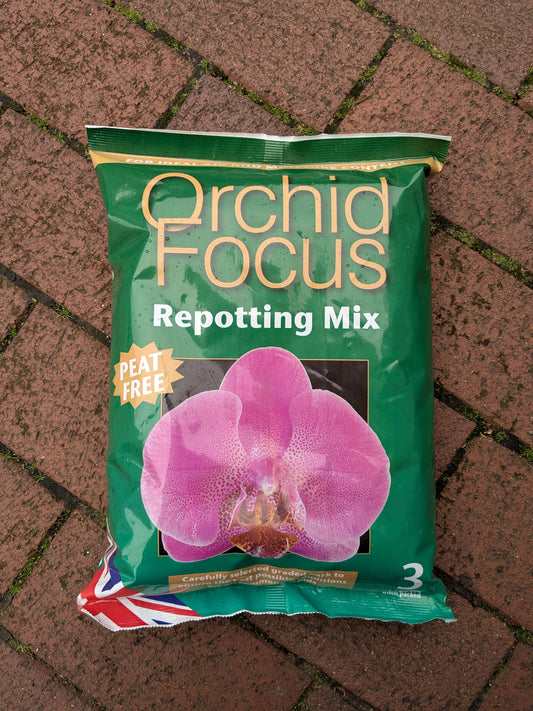Bag of Orchid Focus Repotting Mix on a brick surface