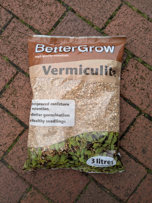 BetterGrow vermiculite packaging with text about benefits and quantity against a brick background