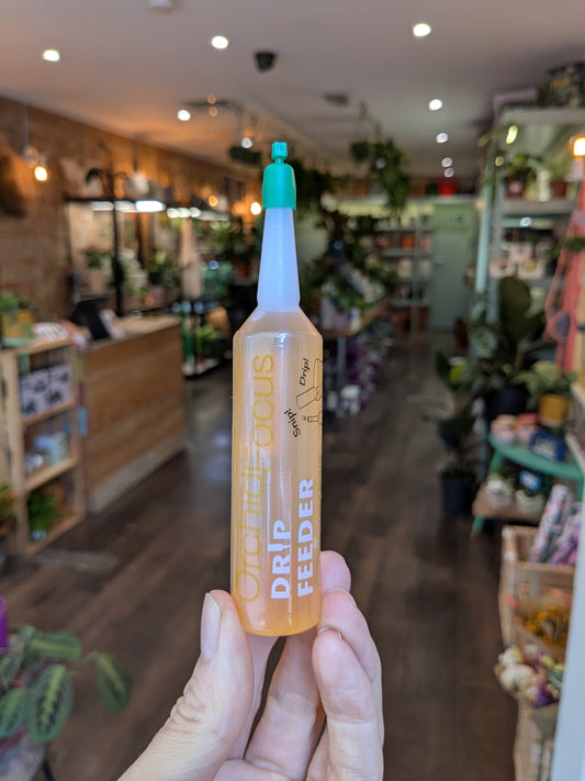 Hand holding a yellow and blue 'Drip Feeder' in a store setting