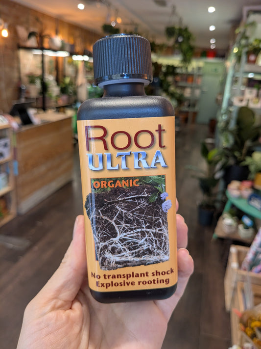 Bottle of Root Ultra Organic plant growth supplement held in a hand with a store interior in the background.
