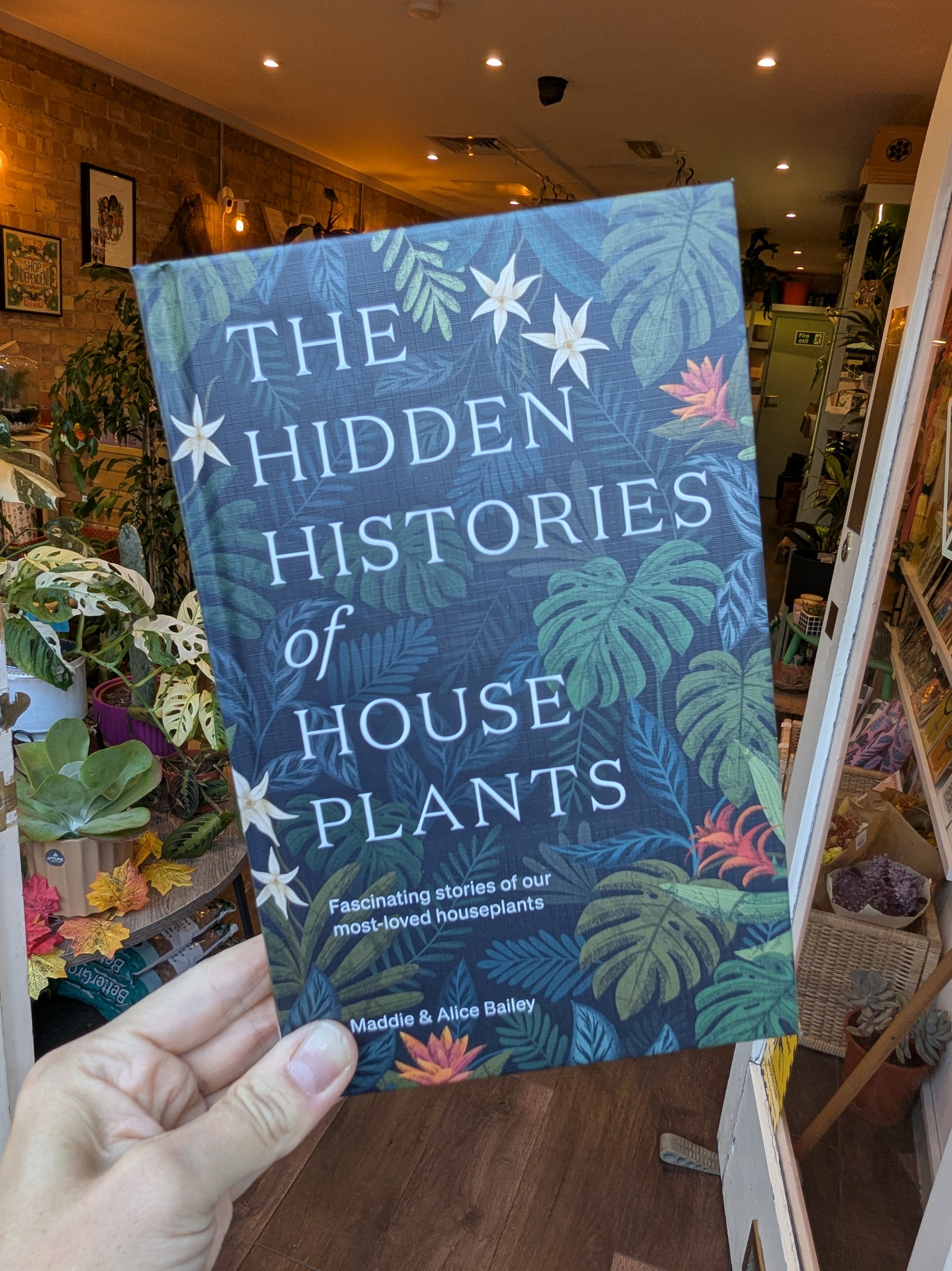 Book titled 'The Hidden Histories of House Plants' held in a hand with a store interior in the background.