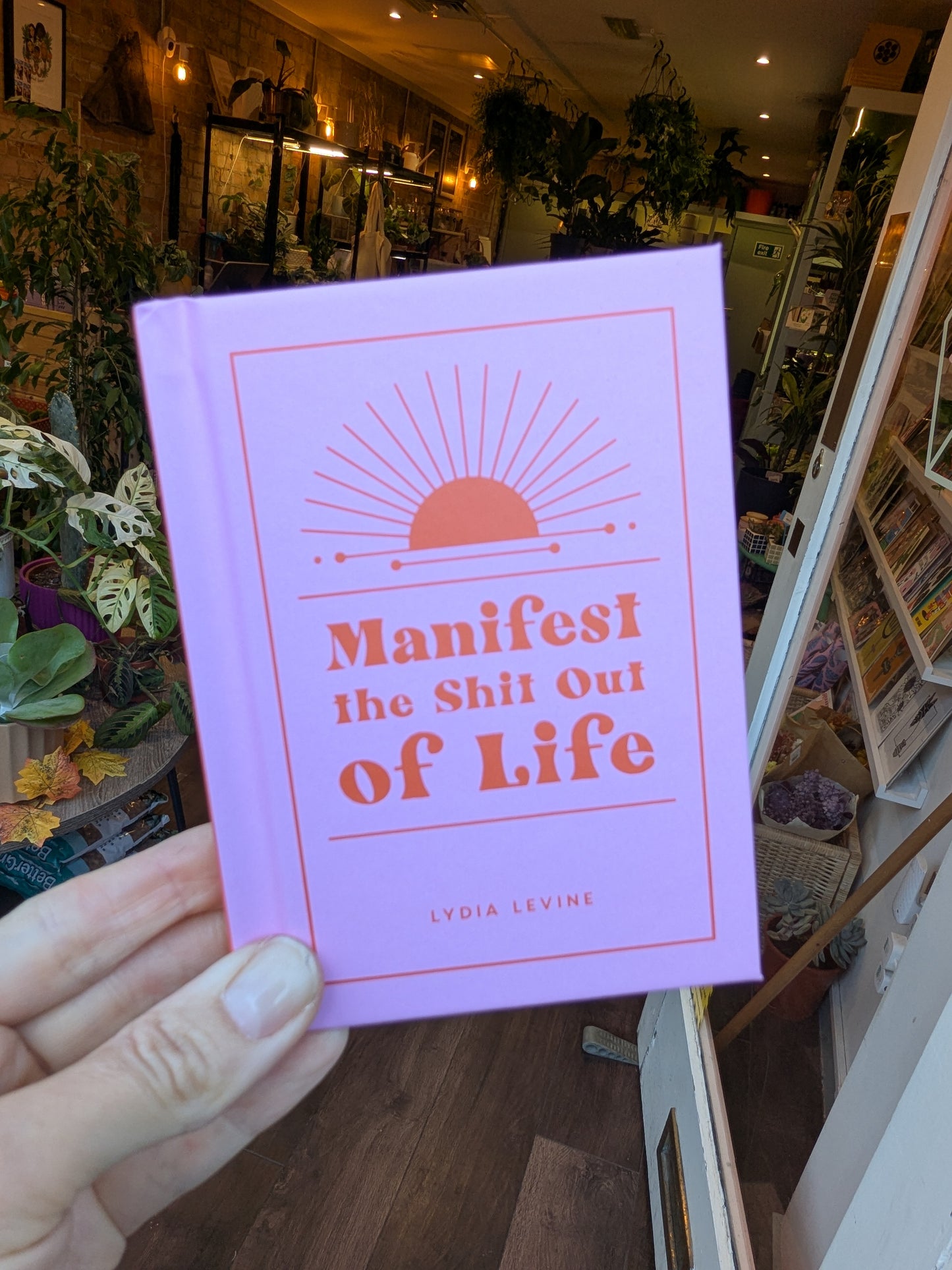 Pink book titled 'Manifest the Shit Out of Life' held in a hand with a store interior background.