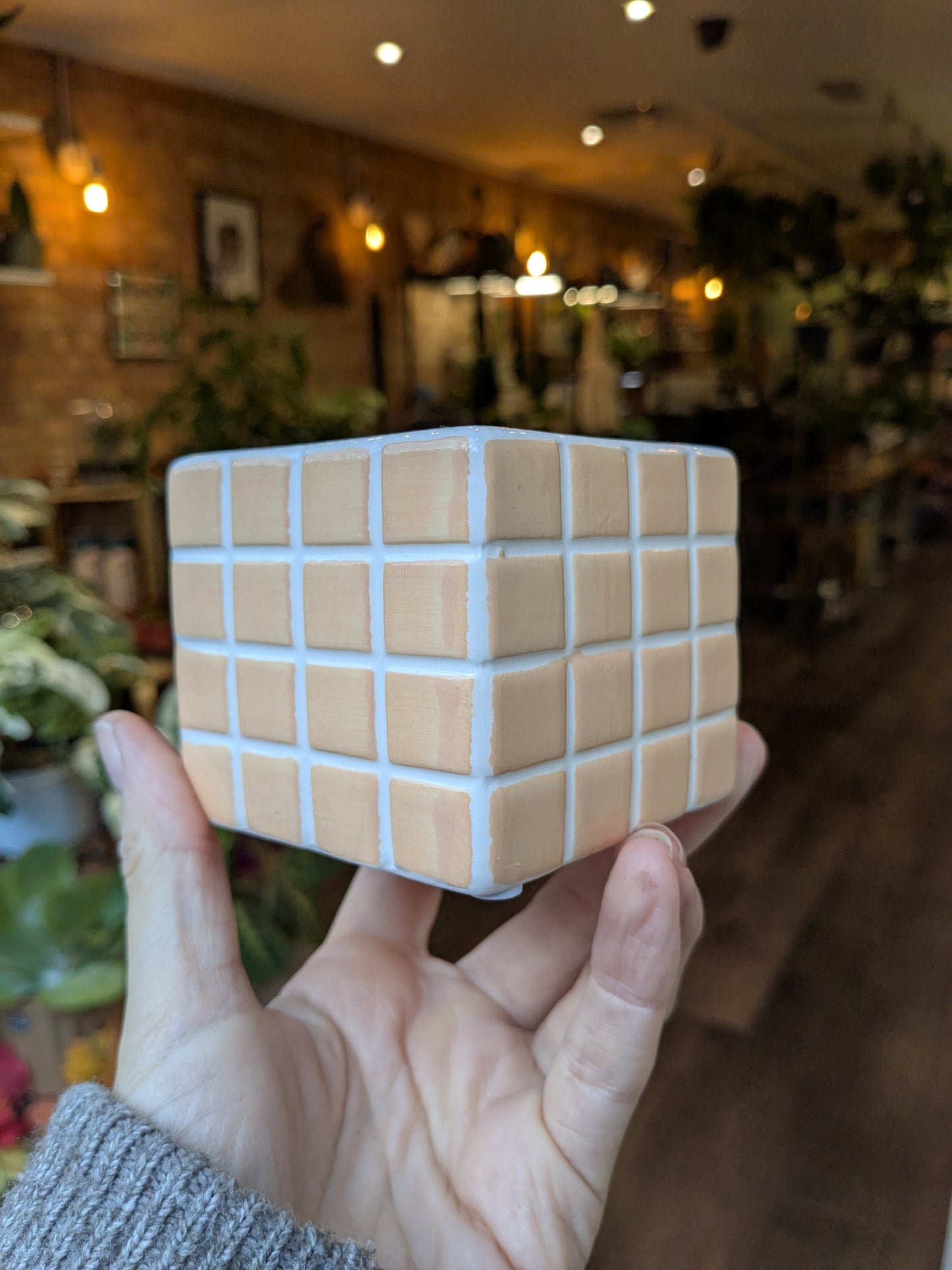Hand holding a wooden cube puzzle in an indoor setting with blurred background