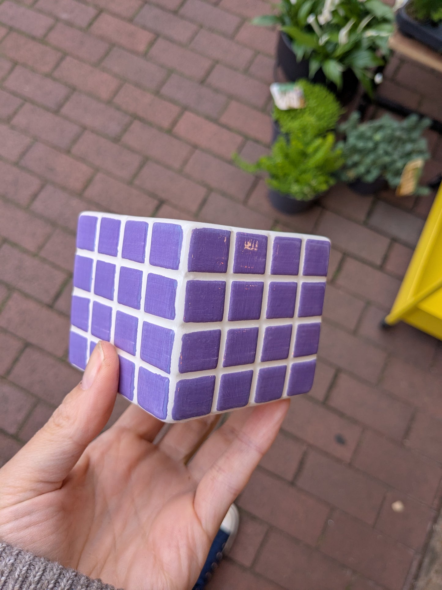 Purple Rubik's Cube held by a hand on a brick pavement with plants in the background