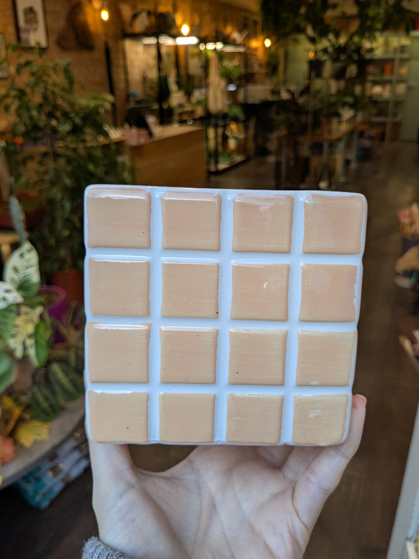 Grid of beige square tiles held in front of a blurred indoor background