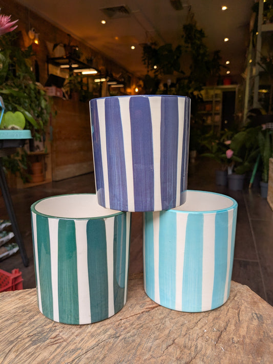 Three striped ceramic pots on a wooden surface with a blurred indoor background.