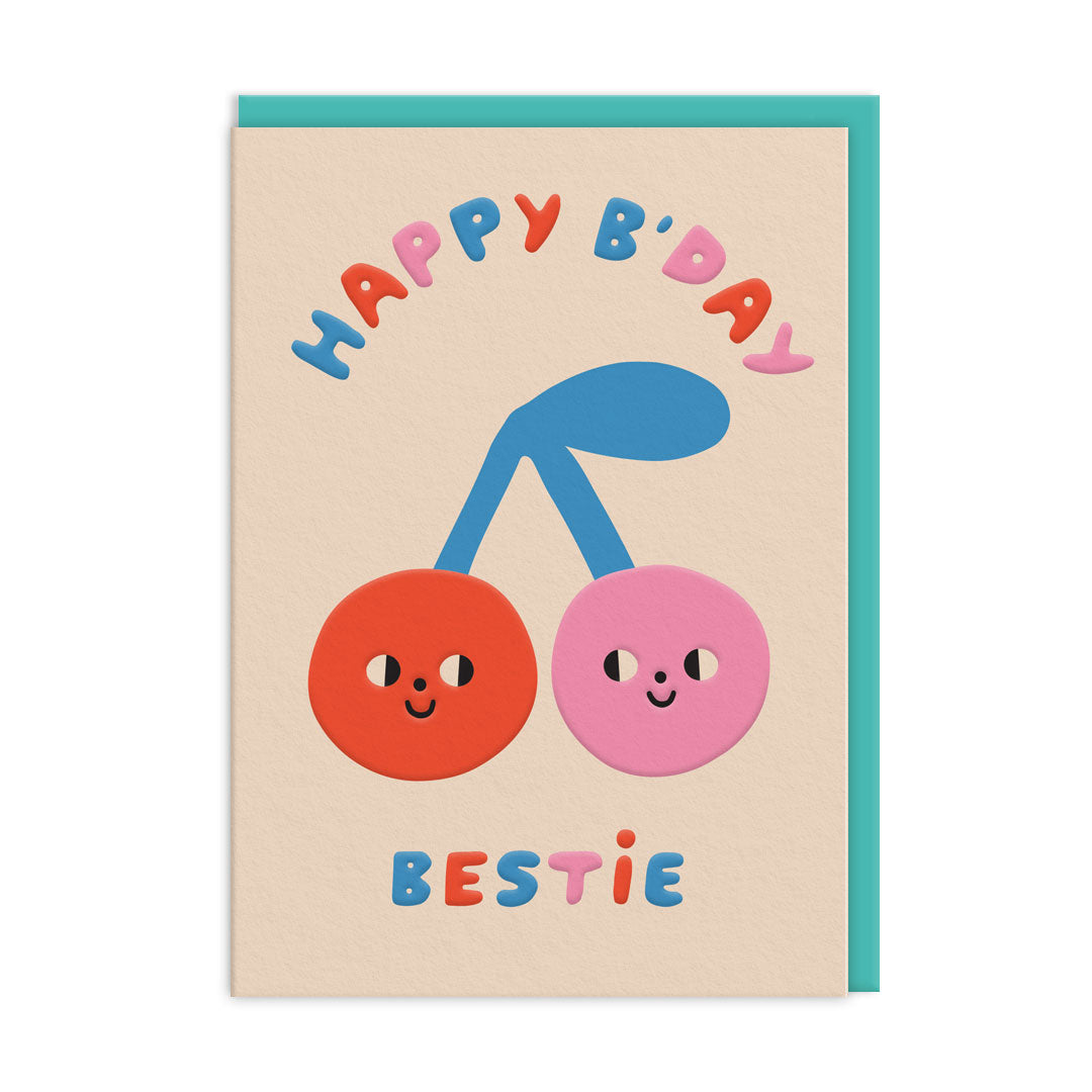 Birthday card with two smiling cherries and 'Happy B'day Bestie' text on a beige background.