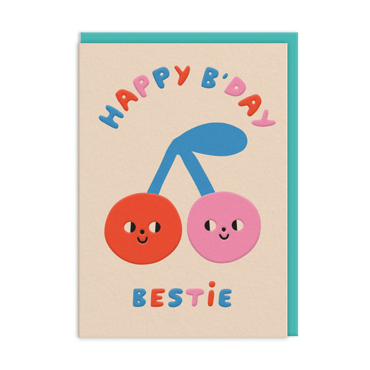 Birthday card with two smiling cherries and 'Happy B'day Bestie' text on a beige background.