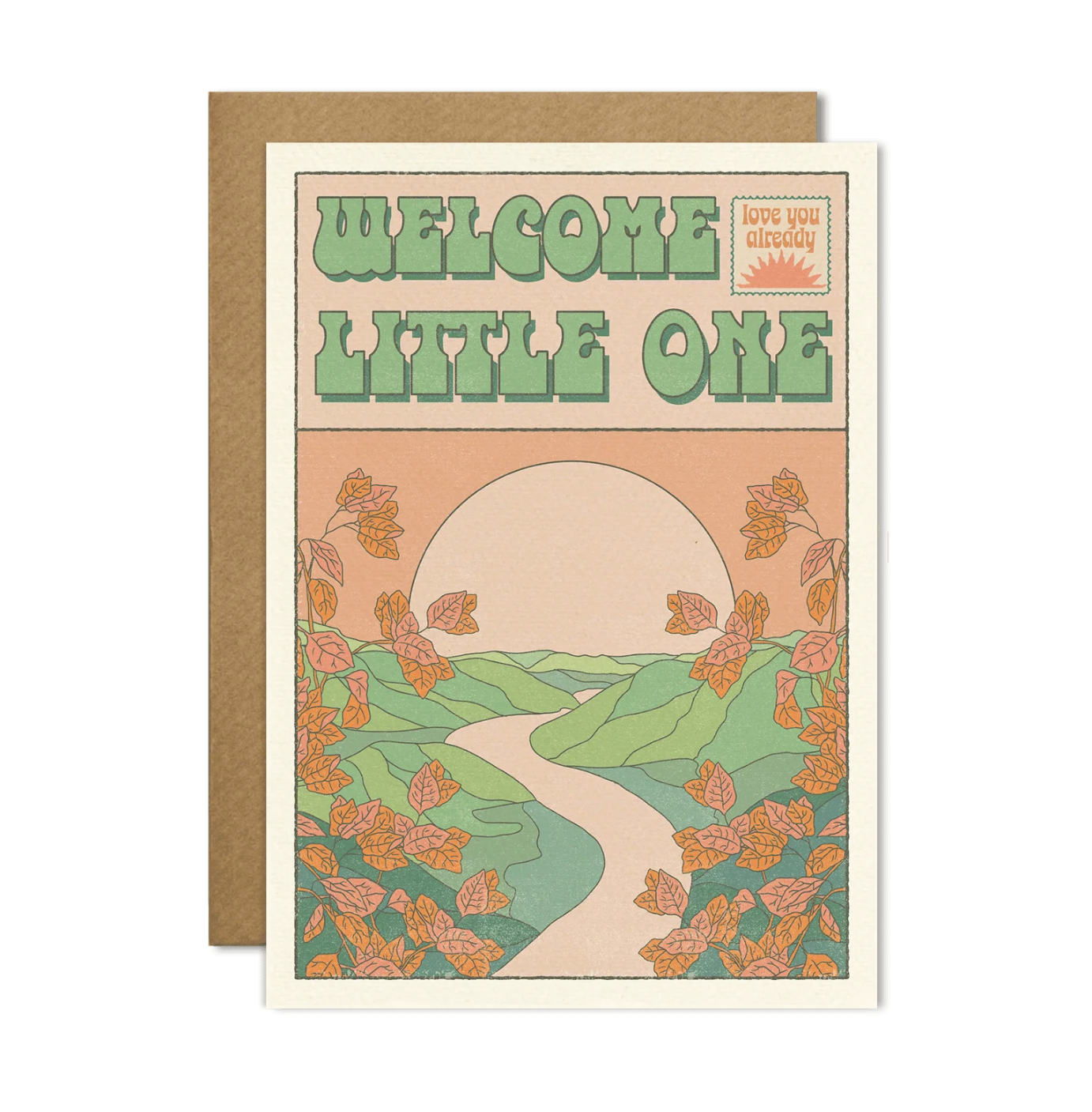 Greeting card with 'Welcome Little One' text and nature-themed design on a white background.