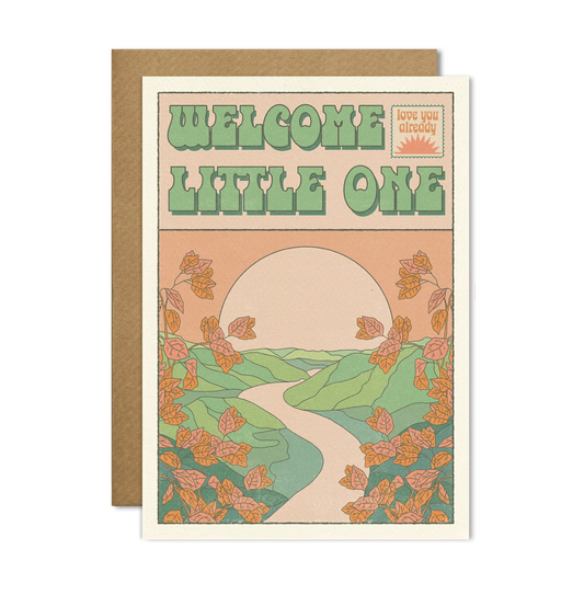 Greeting card with 'Welcome Little One' text and nature-themed design on a white background.