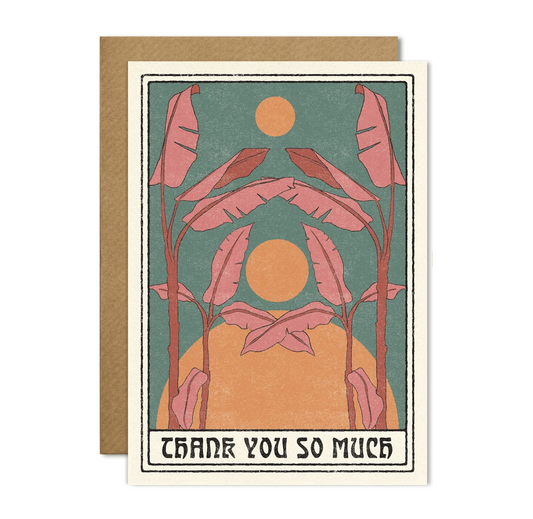 Greeting card with artistic design of leaves and sun, and 'Thank you so much' text.