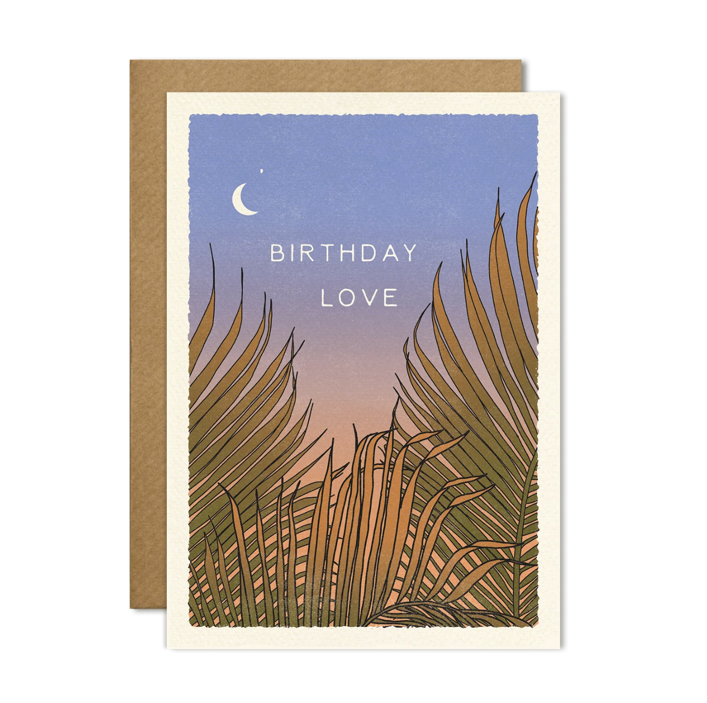 Greeting card with leaf design and 'Birthday Love' text on a blue sky background