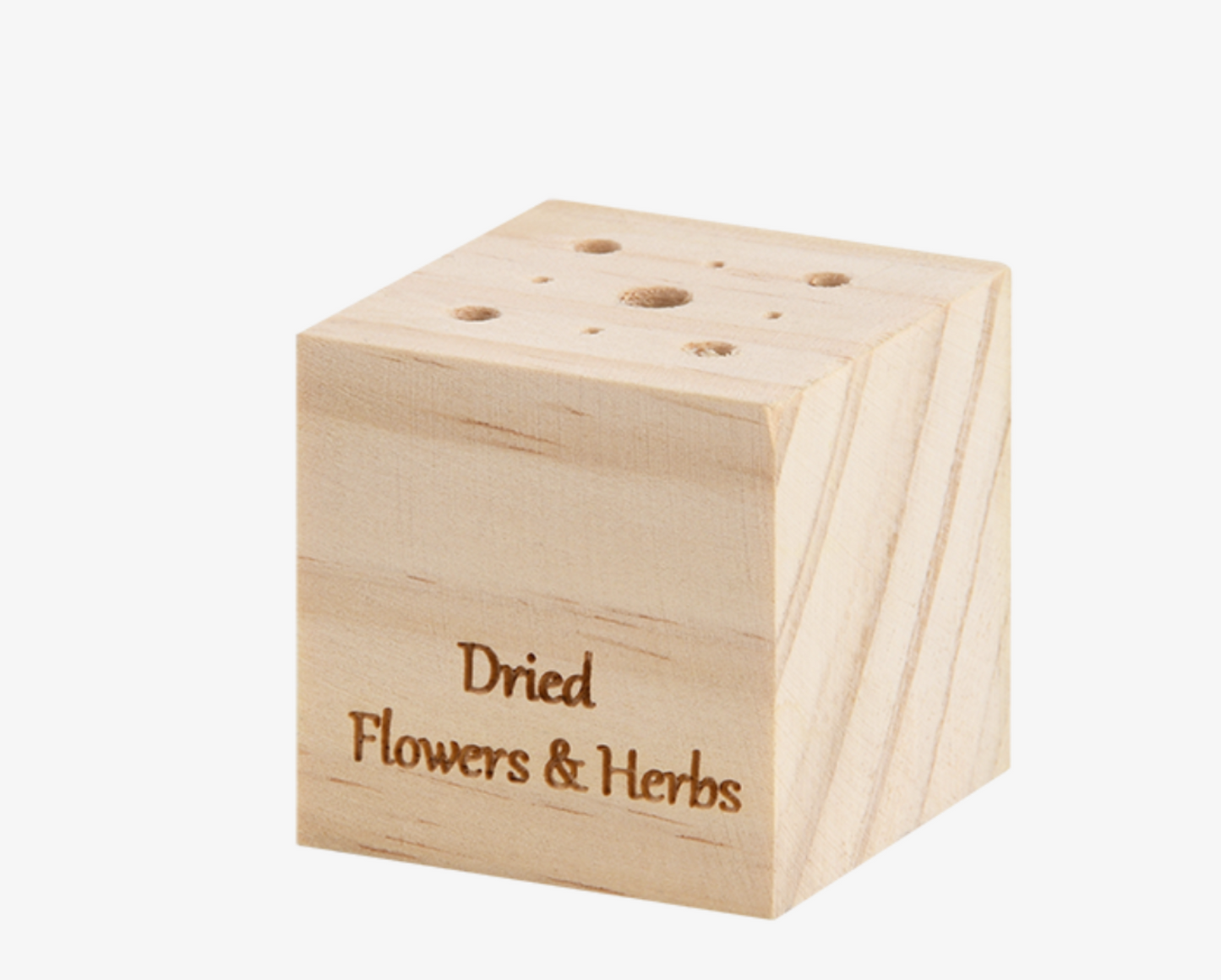 Wooden cube with 'Dried Flowers & Herbs' text on a white background