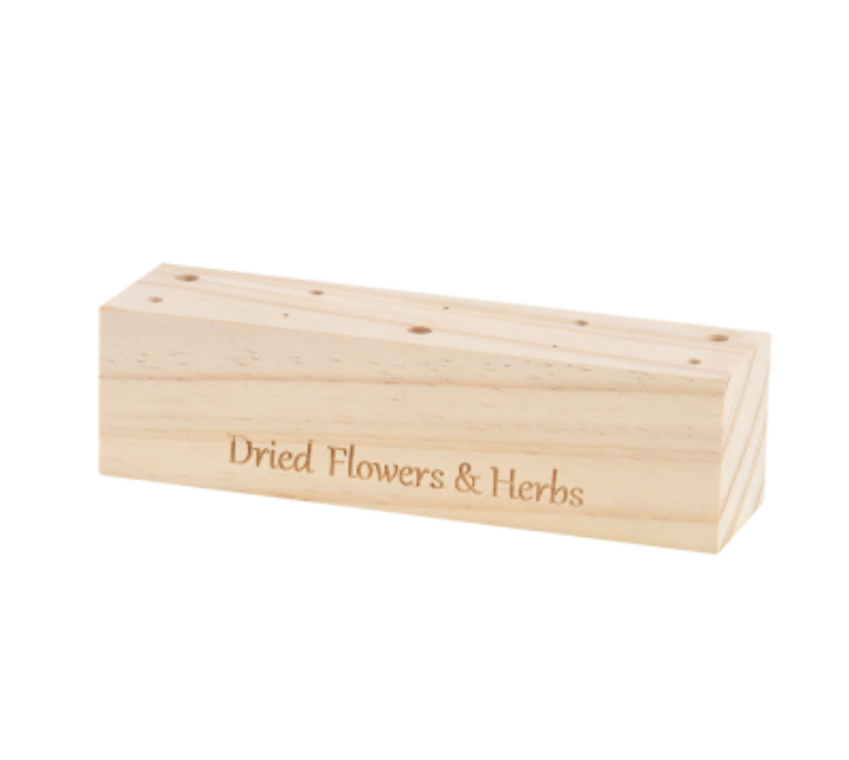 Wooden box labeled 'Dried Flowers & Herbs' on a white background