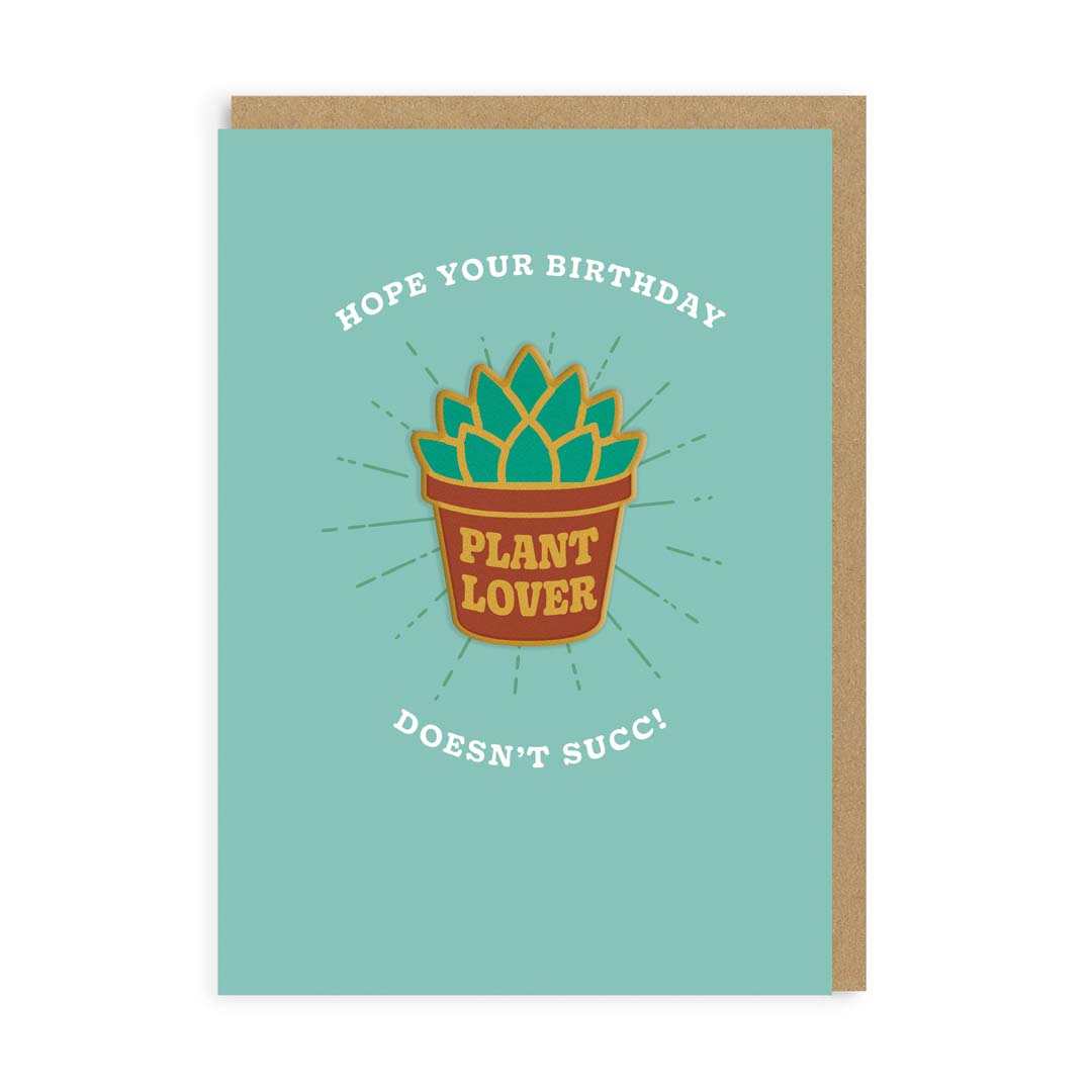 Greeting card with a plant-themed design and text on a light blue background