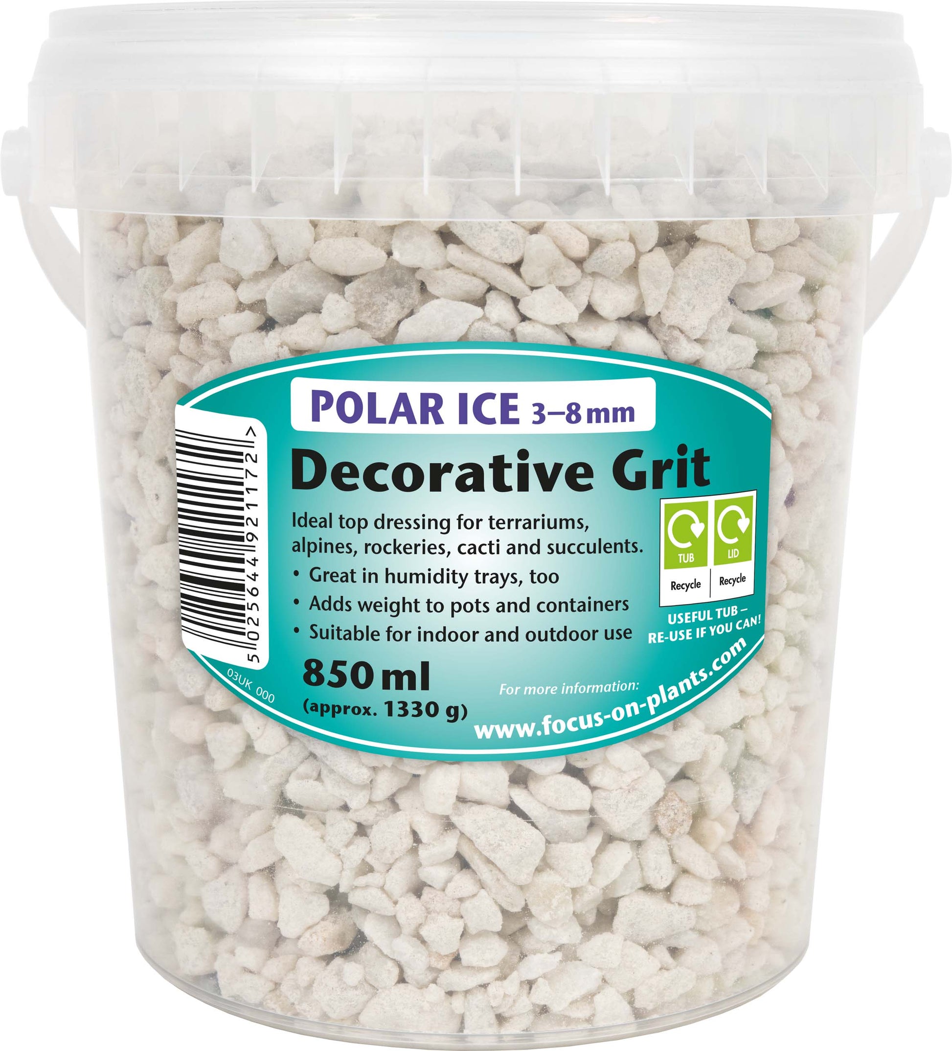 Bucket of decorative grit with a label on a white background