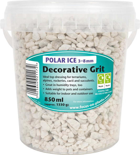 Bucket of decorative grit with a label on a white background