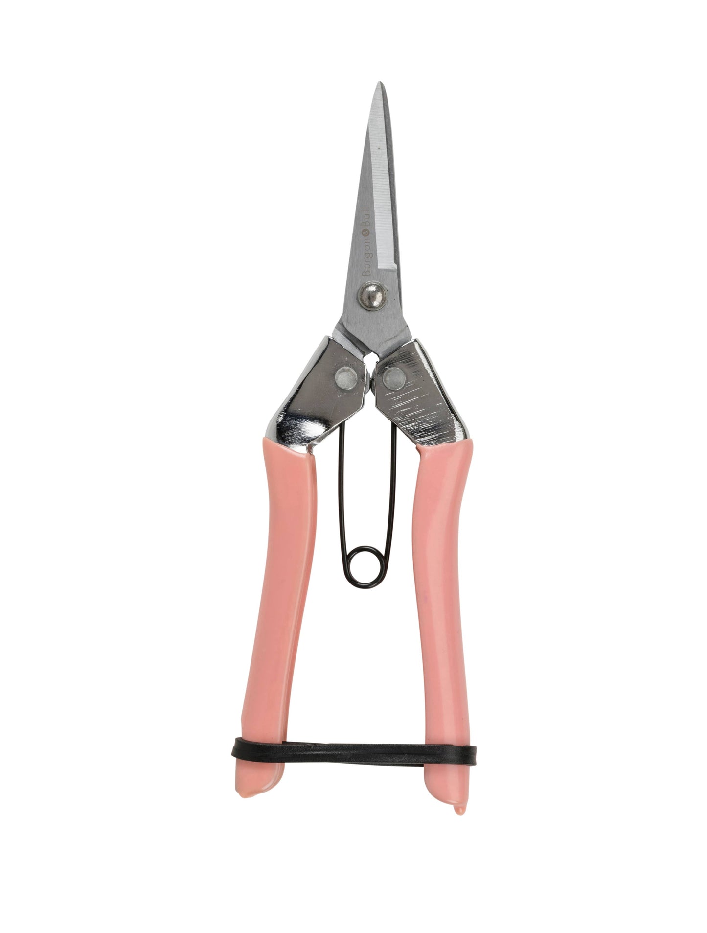Pruning shears with pink handles on a white background