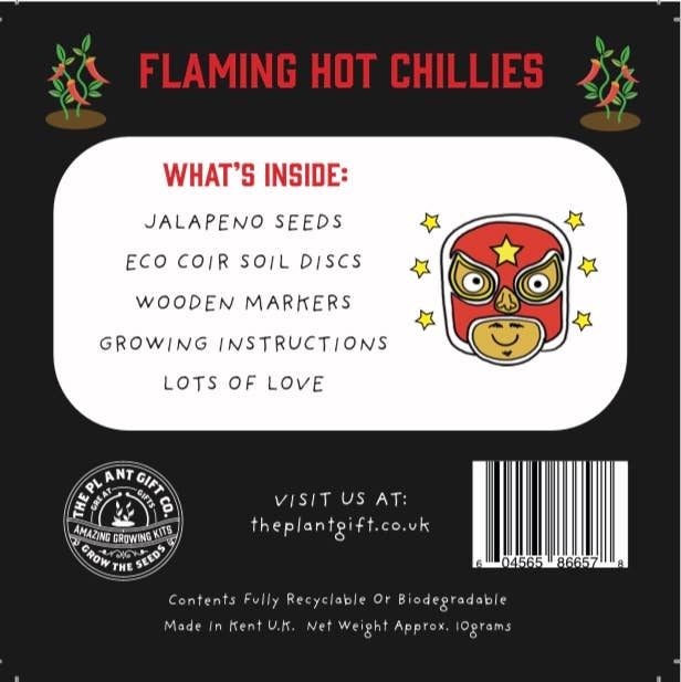 Back of a product packaging for 'Flaming Hot Chillies' with text and a logo.