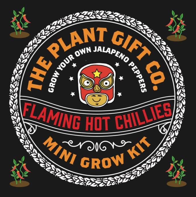 Circular logo for The Plant Gift Co. mini grow kit with jalapeño peppers on a black background.