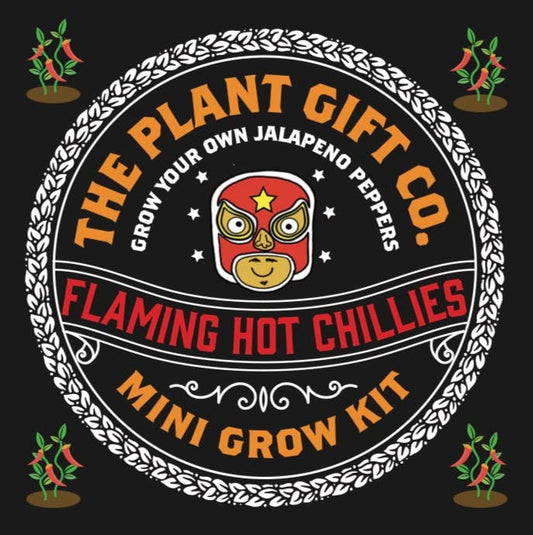 Circular logo for The Plant Gift Co. mini grow kit with jalapeño peppers on a black background.
