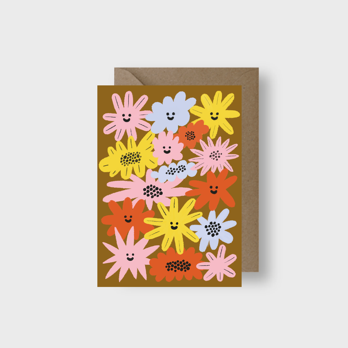 Greeting card with smiley face flowers on a brown background