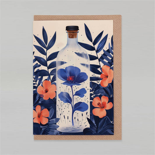 Greeting card with floral design featuring a bottle and flowers on a beige background