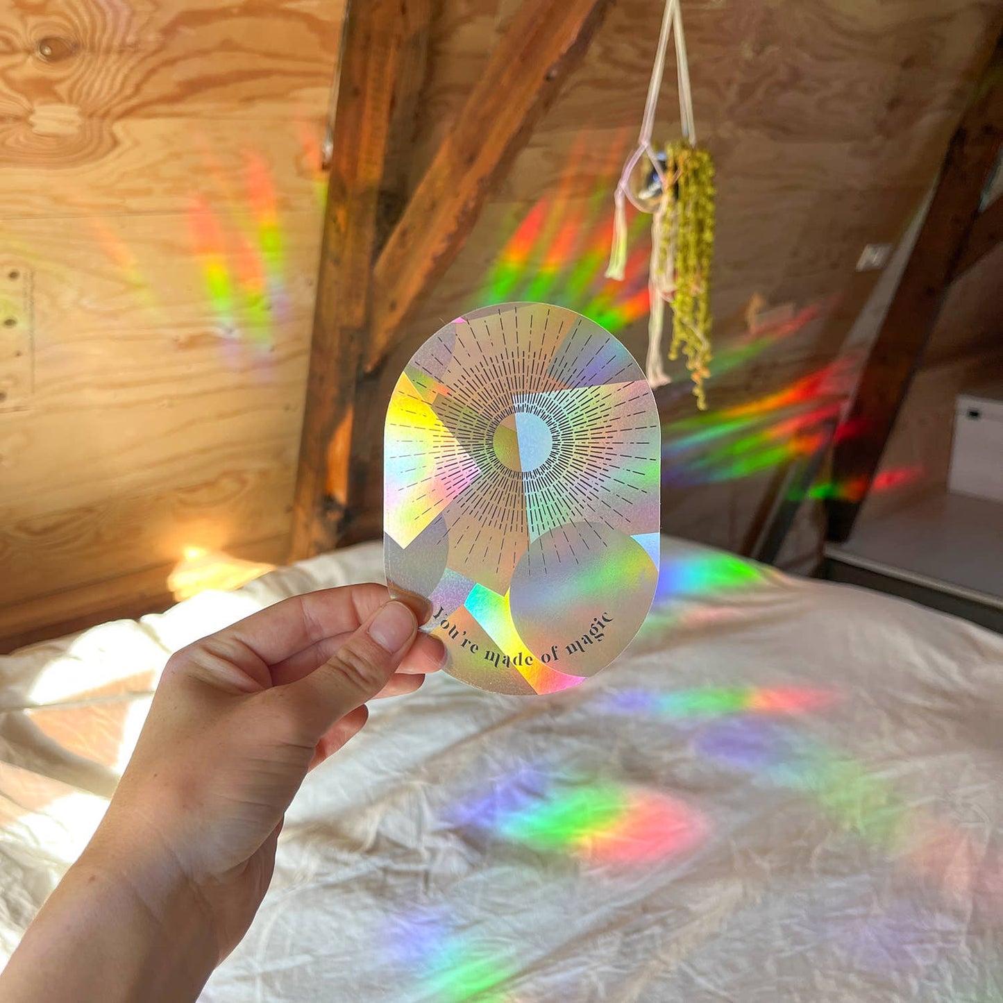 Hand holding a colorful circular object with rainbow patterns in a room with wooden walls and a bed.