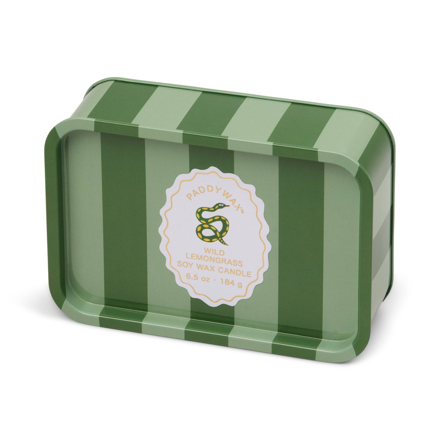 Green striped candle tin with a snake design on a white background