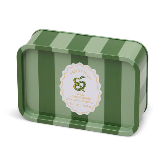 Green striped candle tin with a snake design on a white background