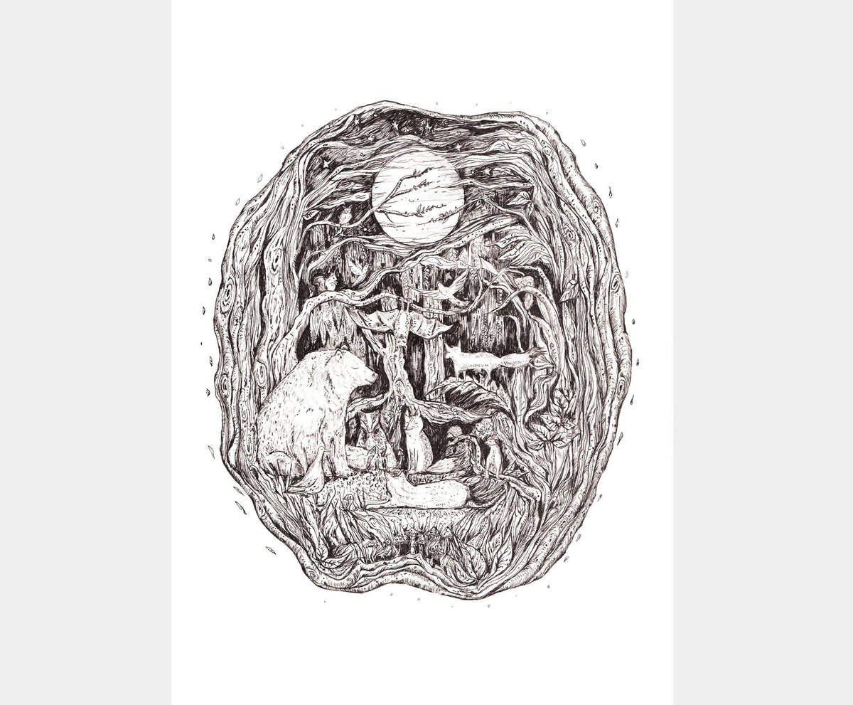 A black and white hand-drawn illustration featuring a surreal forest scene with a figure, a dog, and a large moon, centered on a white background.