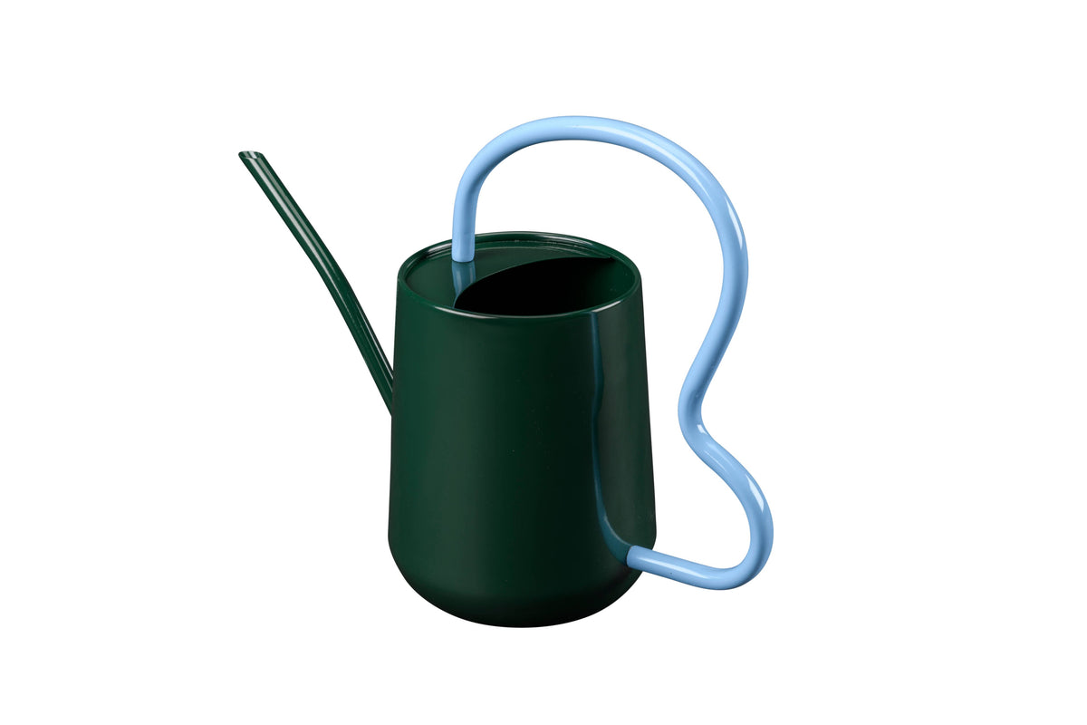 Green watering can with a blue handle on a white background