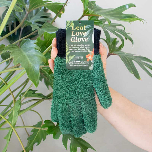 Green gardening glove held by a hand with a plant in the background