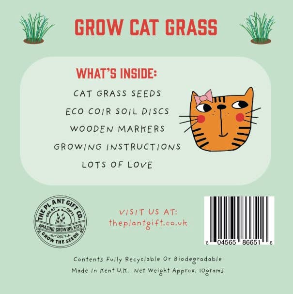 Product packaging for cat grass seeds with a cartoon cat face and text on a light green background.