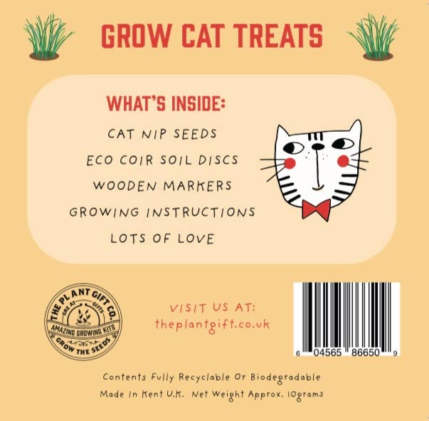 Back of a product packaging for cat treats with text and a cartoon cat face.