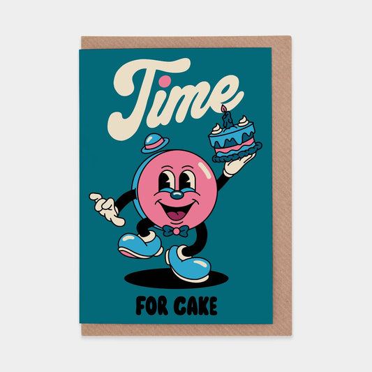 Cartoon character holding a cake with 'Time for Cake' text on a blue background